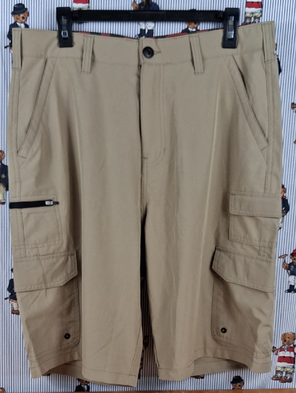 Iron Co Performance Stretch Tech Flat Front 8 Pocket Hybrid Cargo Khaki Shorts